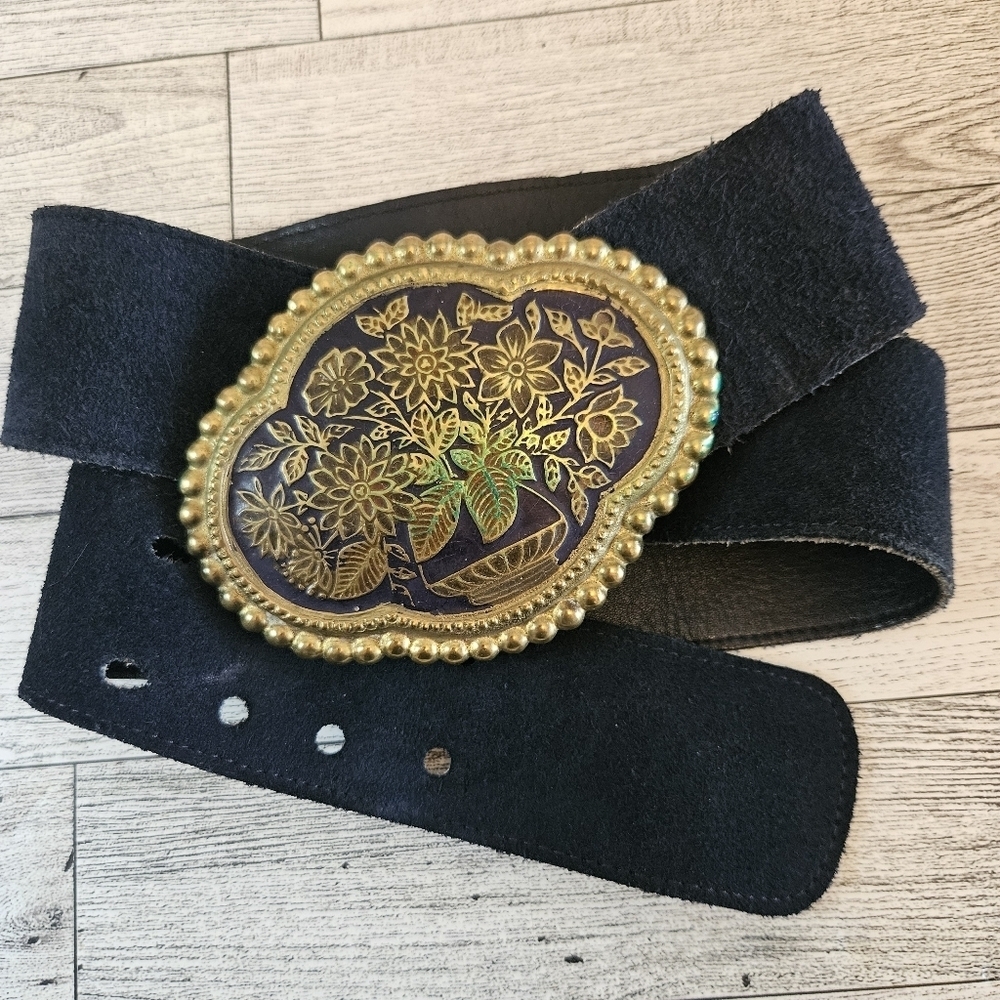 Golden Hands Lee Bernay Vintage Belt Brass Enamel Buckle Suede Belt Boho Hippie